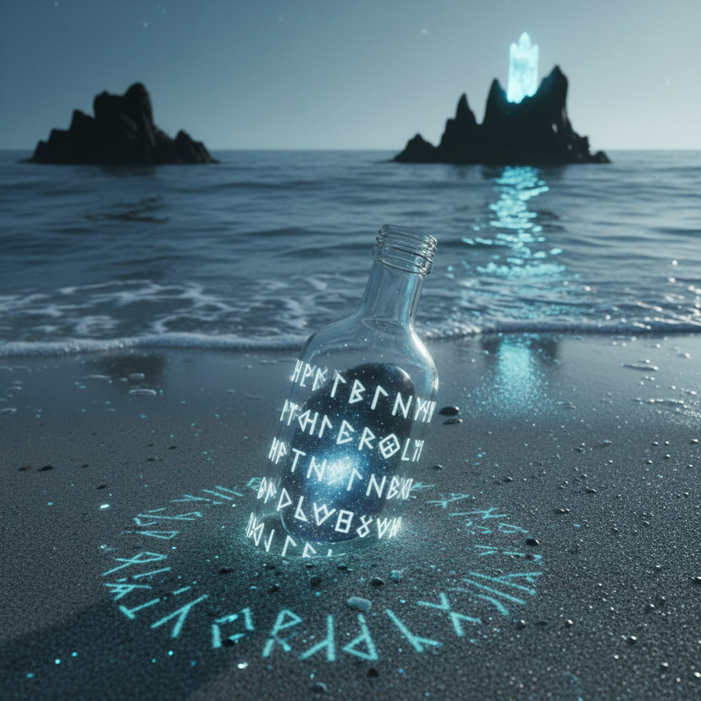 A moonlit shoreline where the waves gently kiss fine silver sand, each receding tide line glowing faintly with bioluminescent patterns that form ancient runes. A delicate glass bottle lies half-buried at the water’s edge, its surface etched with Atlantean symbols and filled with swirling starlight instead of liquid. Jagged black rocks rise in the distance, crowned by a lone crystalline tower emitting a pale blue beacon. Soft, cool moonlight reflects on the calm ocean, creating long shimmering paths. Photographic realism, captured from a low-angle close-up of the bottle, with the tower framed in the background, evoking a mood of quiet wonder, forgotten love, and whispered dreams.