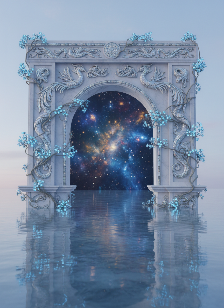 A grand marble archway at the entrance to a hidden realm stands half-submerged in a shallow, glass-clear lagoon. The arch is intricately carved with scenes of dragons, phoenixes, and ethereal sea creatures, every feather and scale picked out in shimmering mother-of-pearl inlay. Vines of luminous blue flowers climb its sides, glowing softly like captured moonbeams. Through the arch, an impossible sky of swirling nebulae and distant galaxies replaces the expected horizon. Diffused twilight lends a soft indigo cast over the scene, with subtle highlights along the carved edges. Photographic realism, centered composition and moderate depth of field, inviting viewers into a calm, magical threshold between worlds.