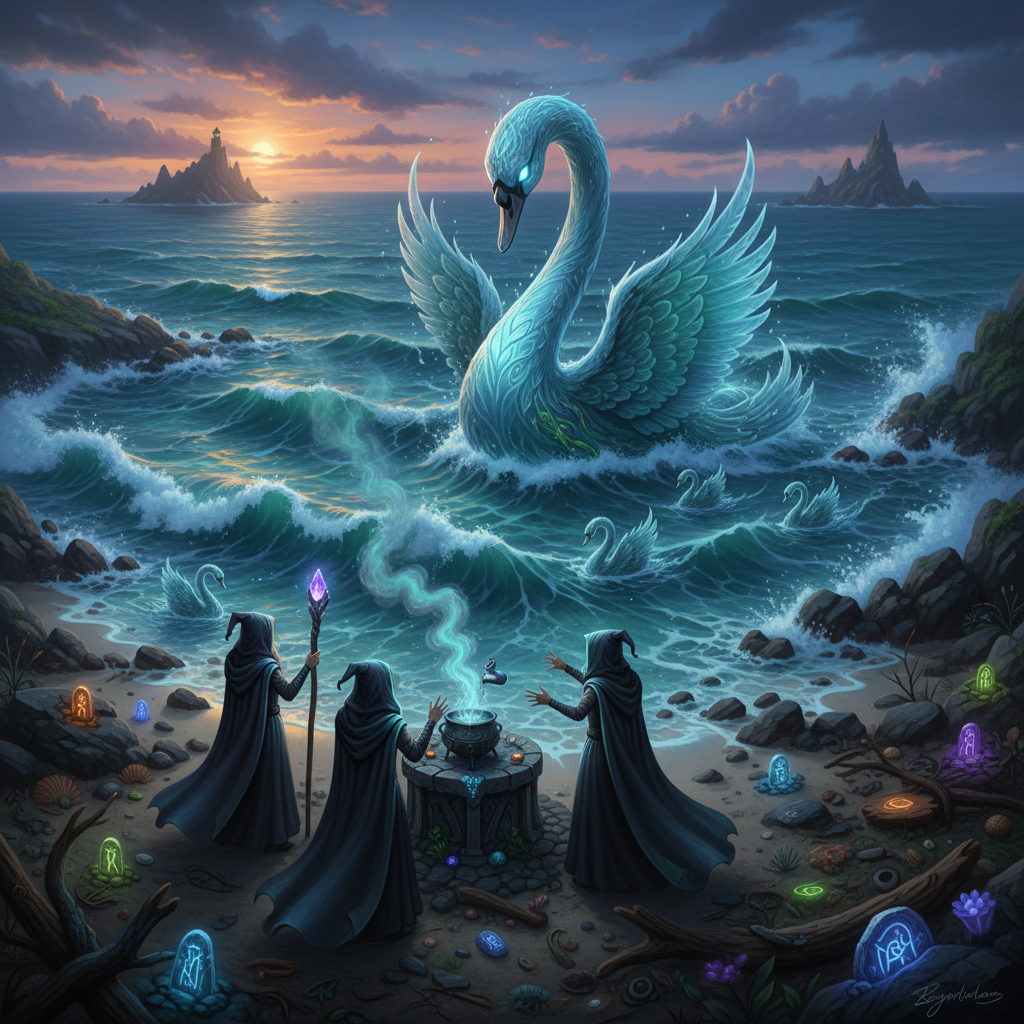 Three cloaked figures summon a giant glowing swan spirit from the ocean during sunset.