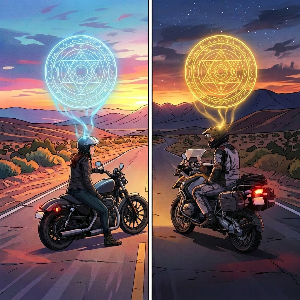 Two motorcyclists on their bikes stopped in middle of open desert road at sunset