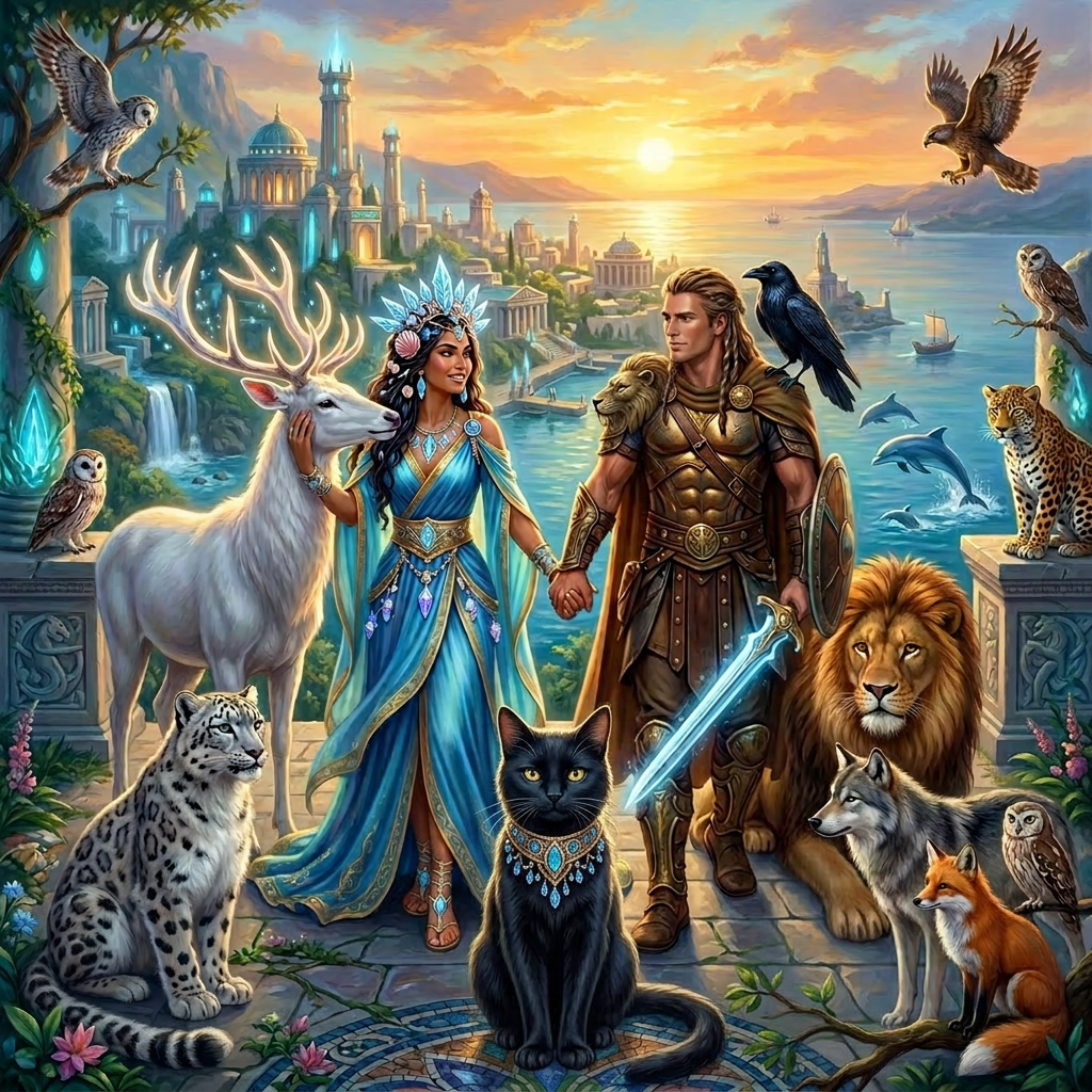 A woman in a blue jeweled gown with a glowing crown holding hands with a man in golden armor holding a glowing sword, surrounded by various animals and a fantasy city by the sea at sunset.