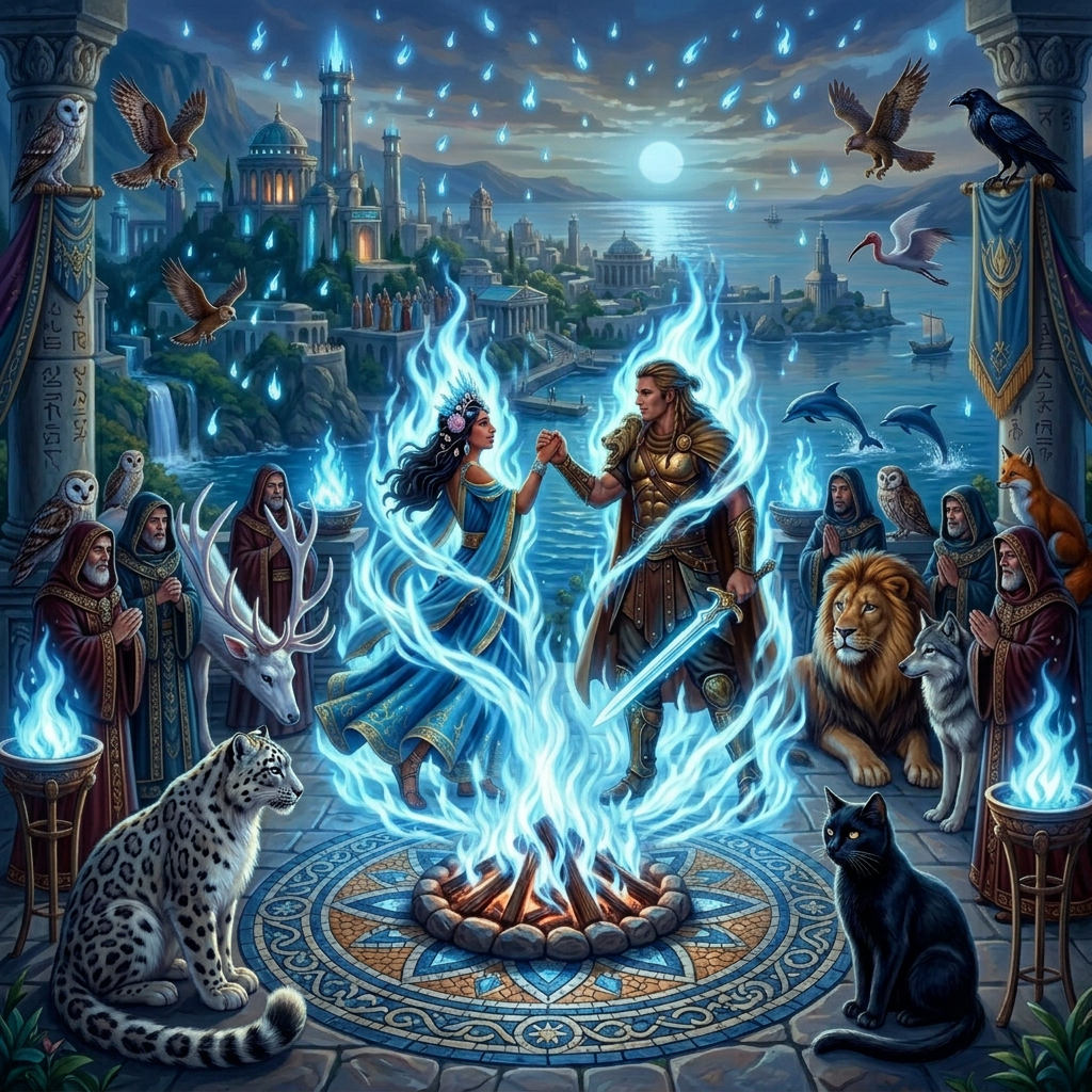 Fantasy warrior and enchantress beside a fire overlooking a coastal city