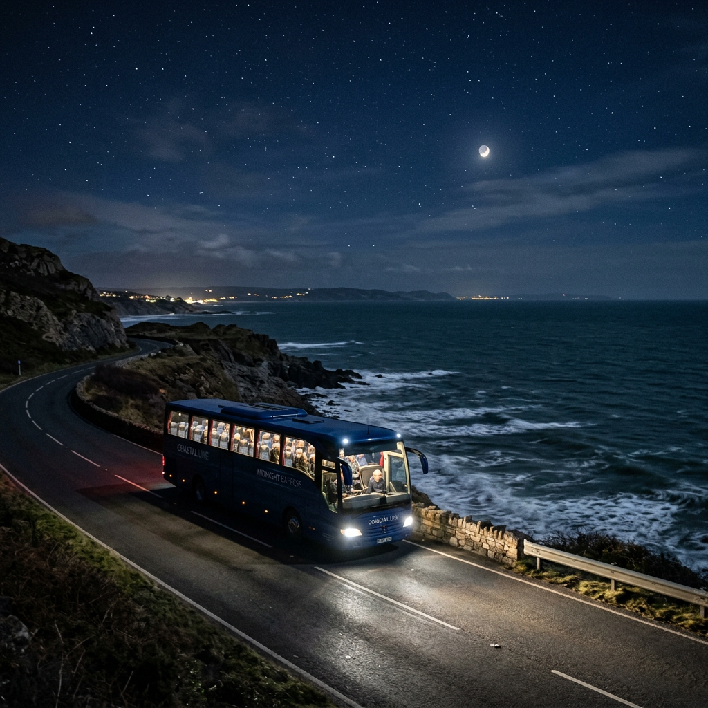 Midnight blue bus traveling beside the sea