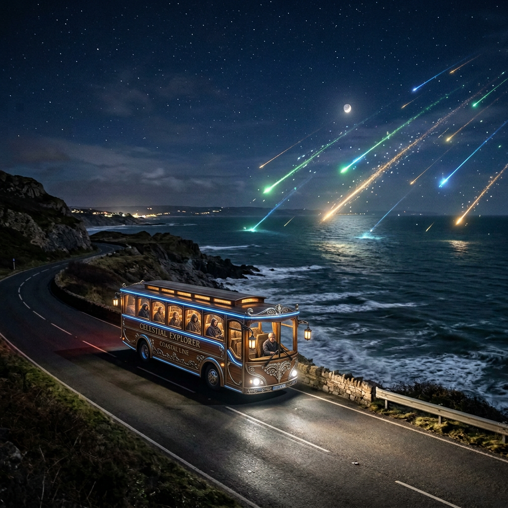 Make bus fantasy-themed, meteors over sea