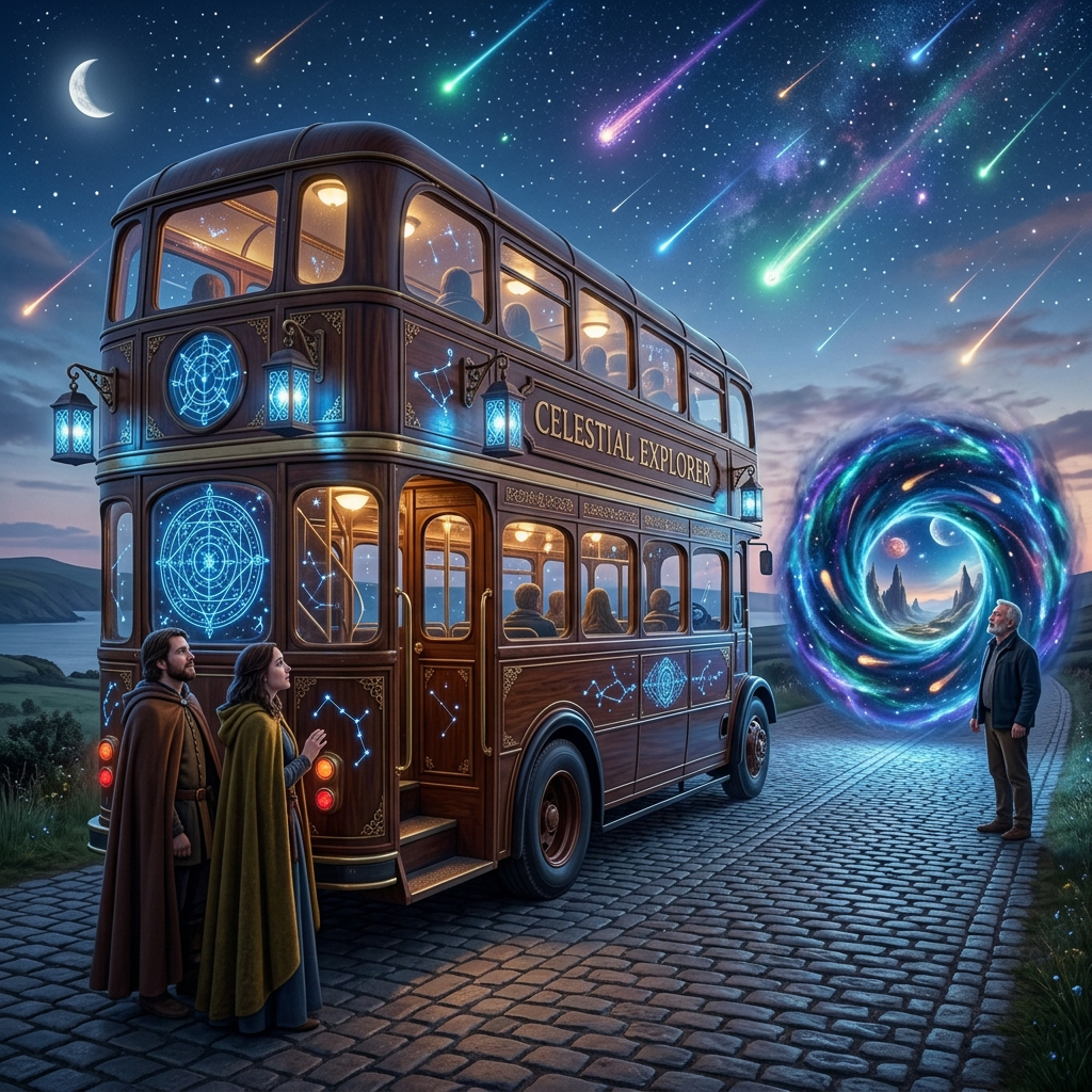 Magical bus exterior with portal appearing on road