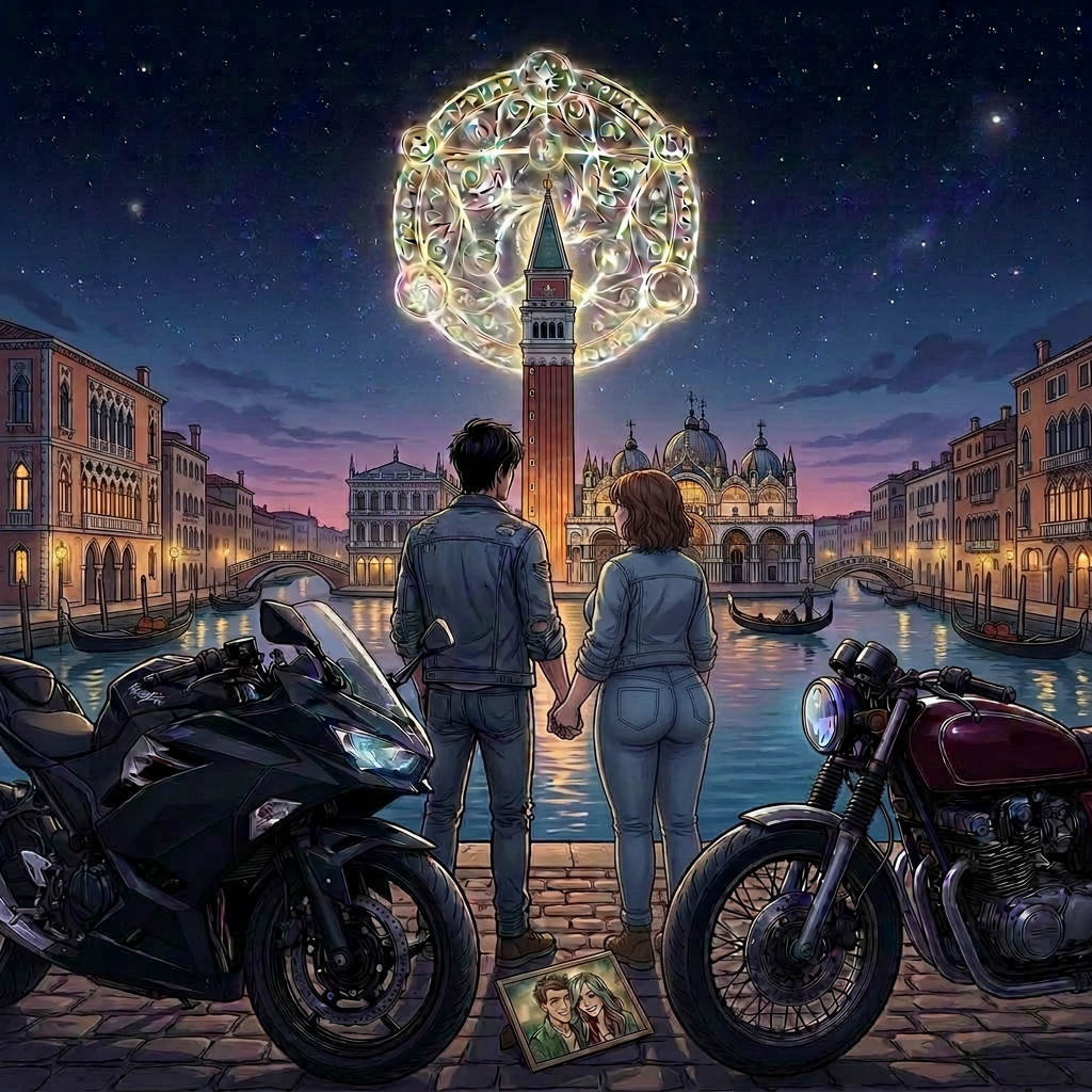 Couple holding hands standing by river Seine with motorcycles and illuminated Eiffel Tower