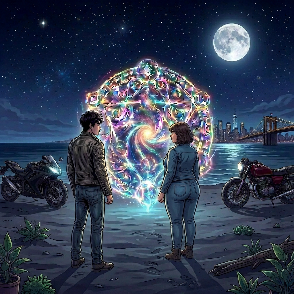 Couple holding hands standing by river Seine with motorcycles and illuminated Eiffel Tower