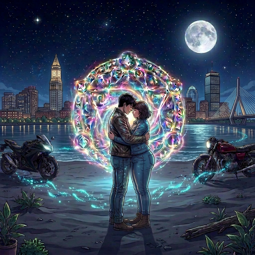 A couple hugging standing on a beach in front of a magic portal