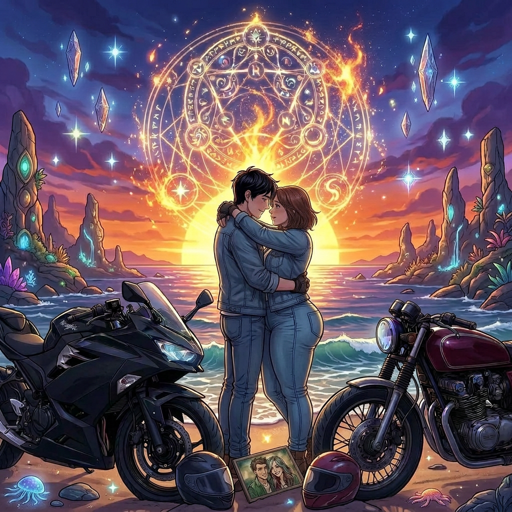 Couple embracing at sunset by ocean with motorcycles and glowing magical symbols