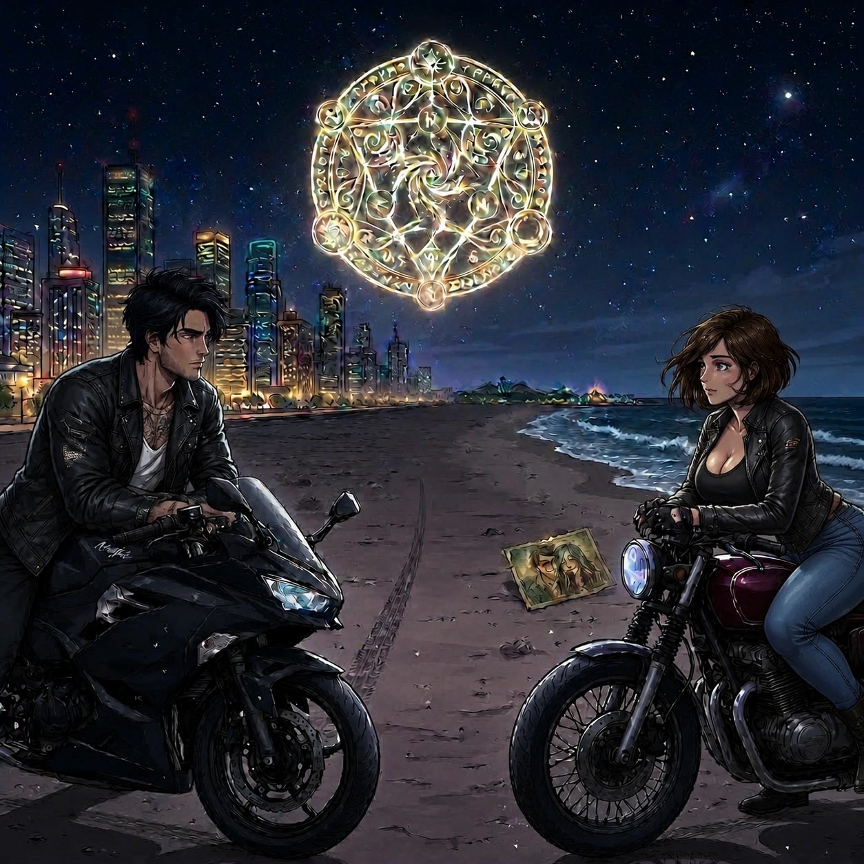 Two people sitting on motorcycles in a desert at night with a glowing magical symbol above