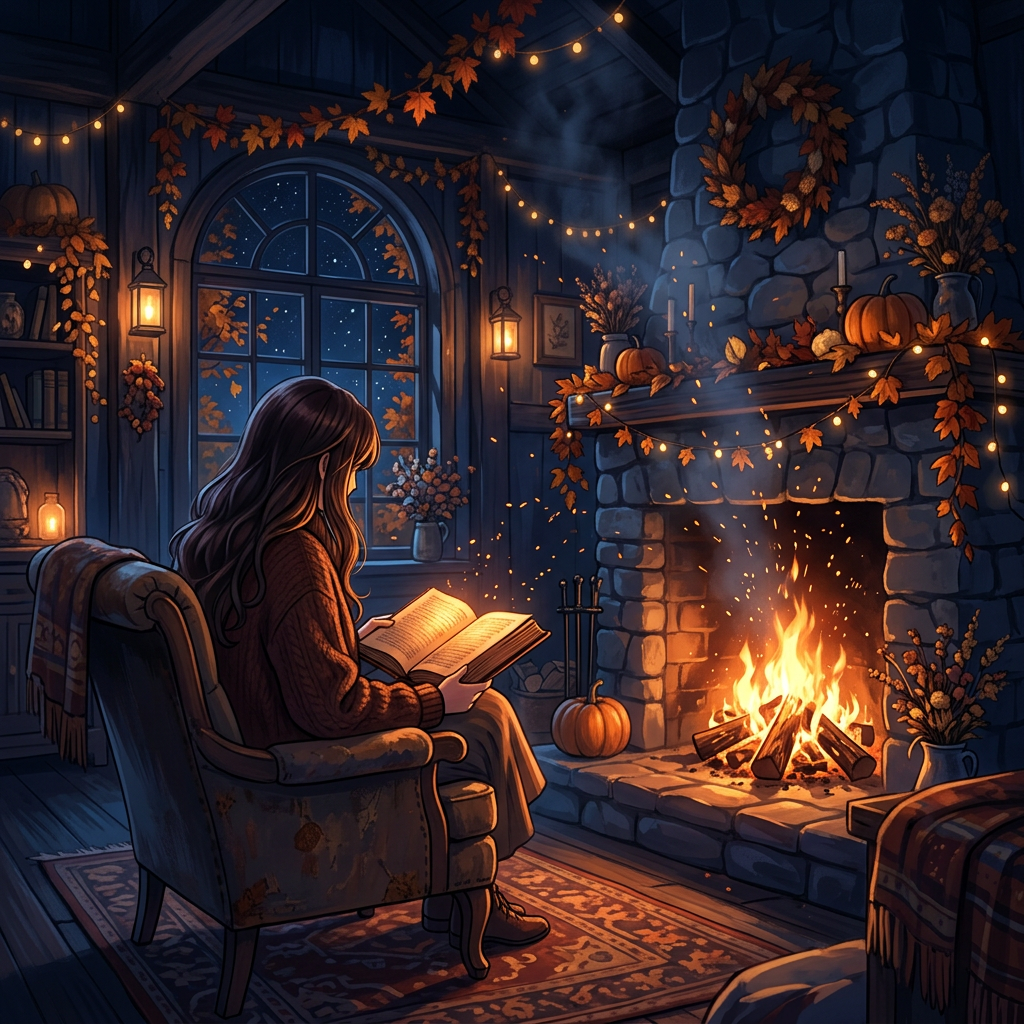 Person reading a book beside a decorated fireplace on an autumn night