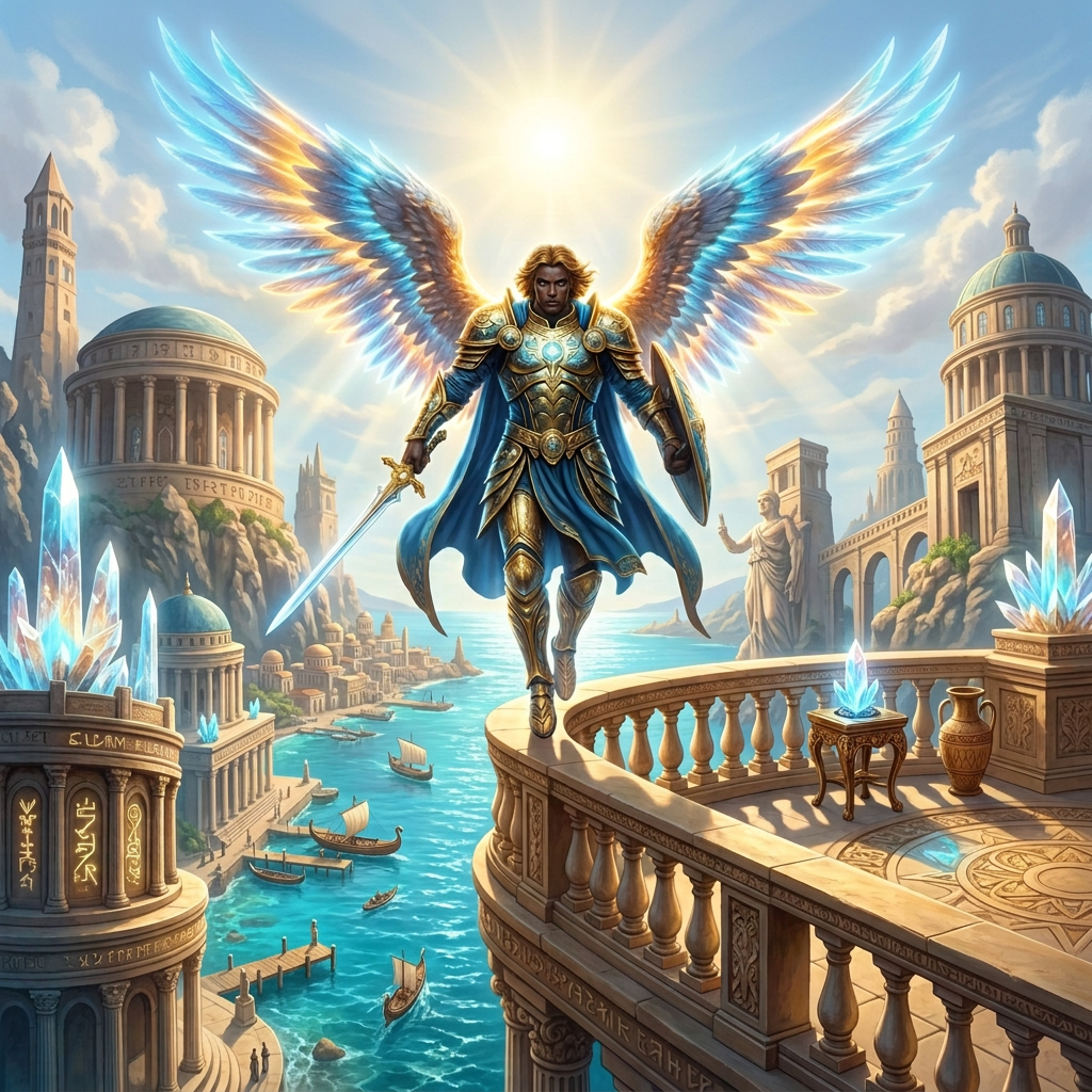 Winged armored warrior hovering above a glowing underwater temple city