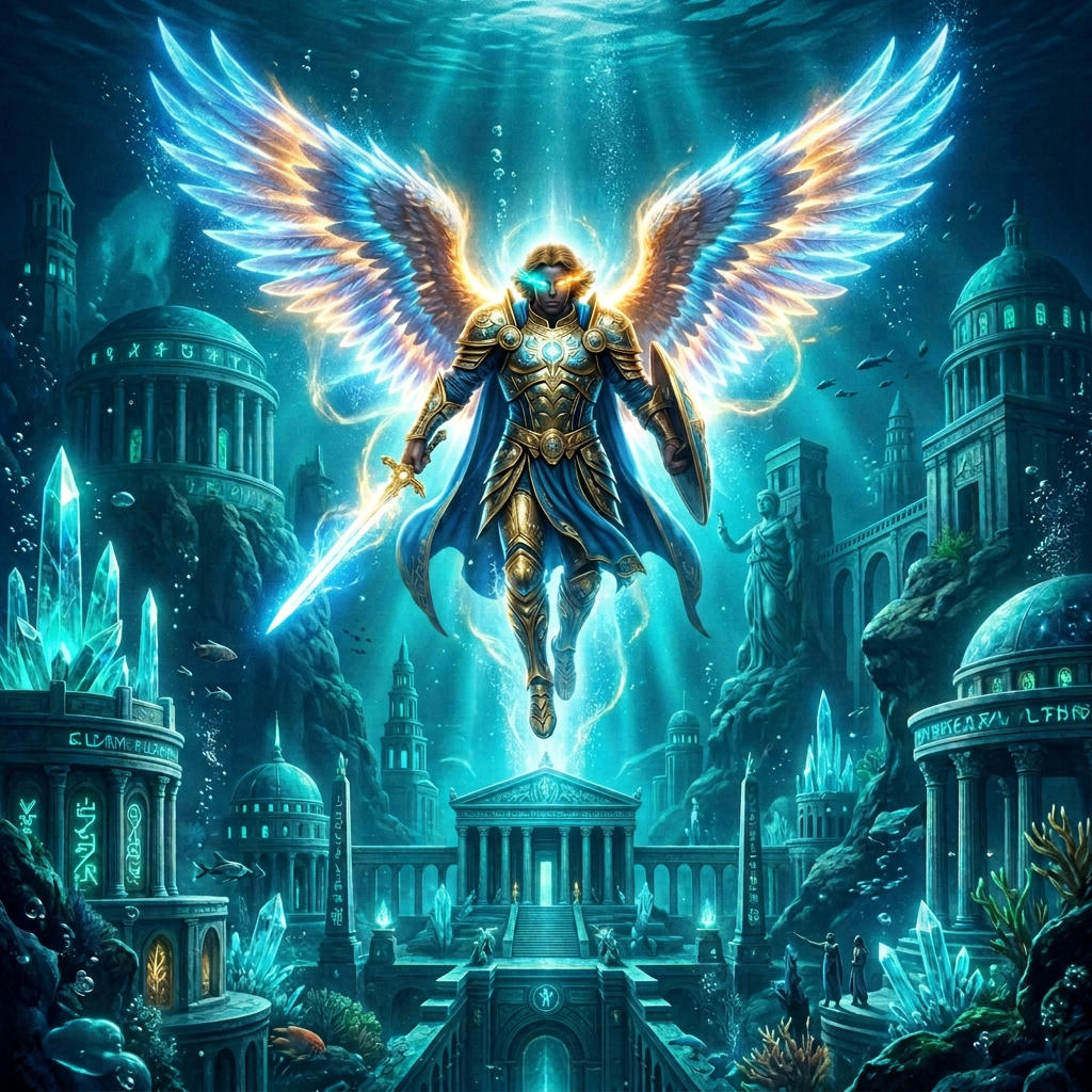 Winged armored warrior hovering above a glowing underwater temple city
