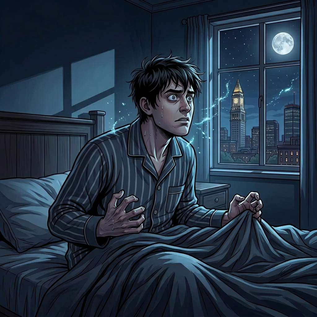 A man waking up from a scary nightmare
