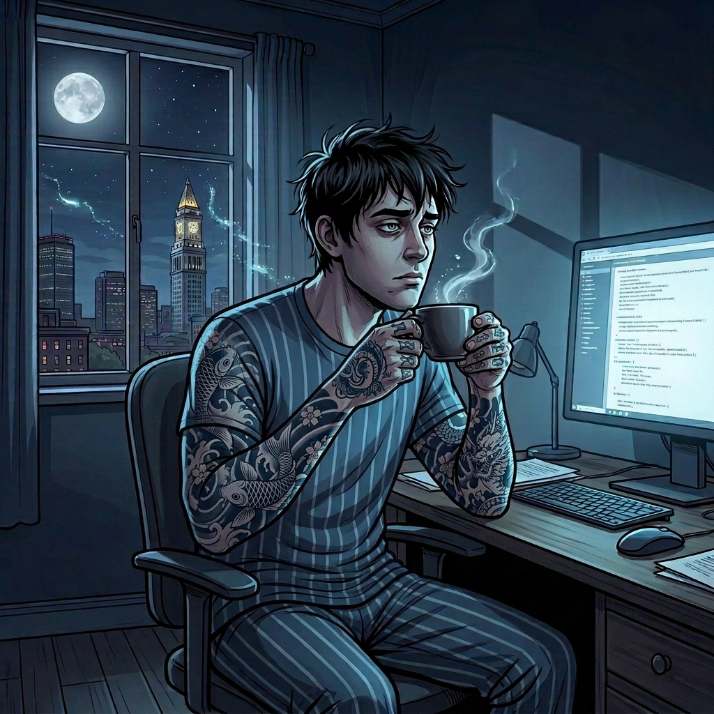 A tired man sitting with a cup of coffee in front of the computer screen-nighttime