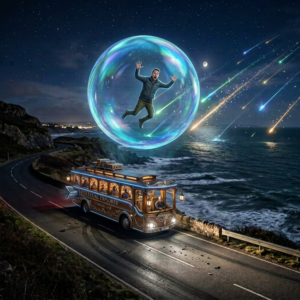 Make bus fantasy-themed, meteors over sea