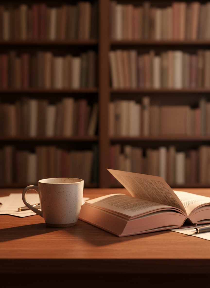 A cozy contemporary poetry editorial scene: a ceramic coffee cup beside an open poetry book on a wooden table in a quiet library, warm amber lamplight, tall bookshelves softly blurred in the background, intimate literary atmosphere, muted cream, brown, and blush tones, no people, no text, artistic but photorealistic.