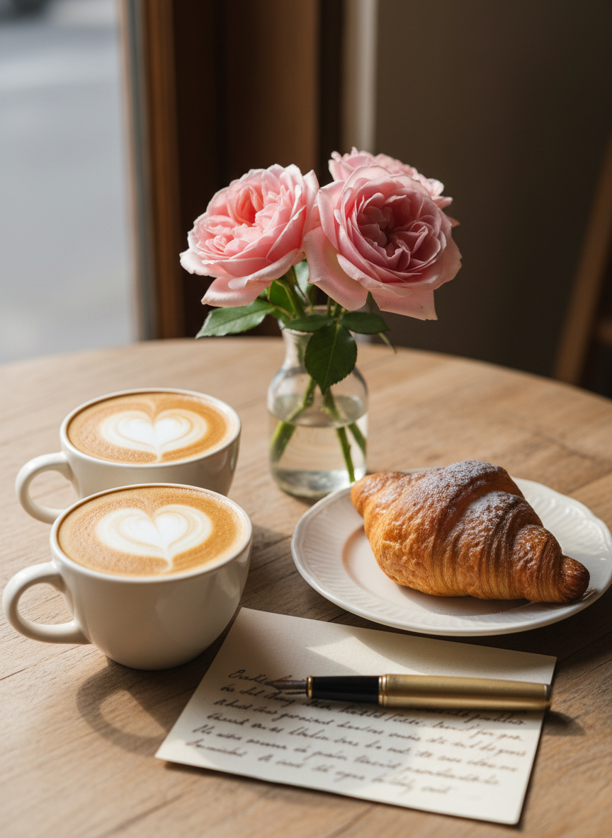 Two lattes, a pastry and blush roses on a cozy cafe table in warm window light