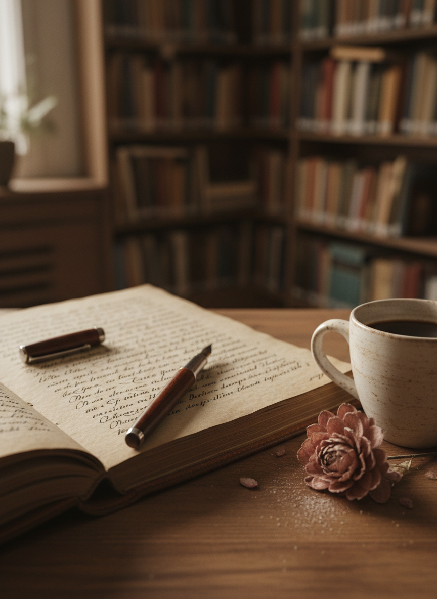An open poetry notebook with a pen, coffee and a dried rose in a quiet library corner